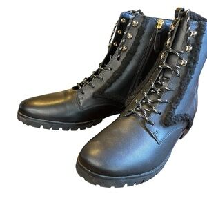 Kate Spade Combat Boots Black Leather Gold Lace Up 10B Raquelle Ankle Block Heel